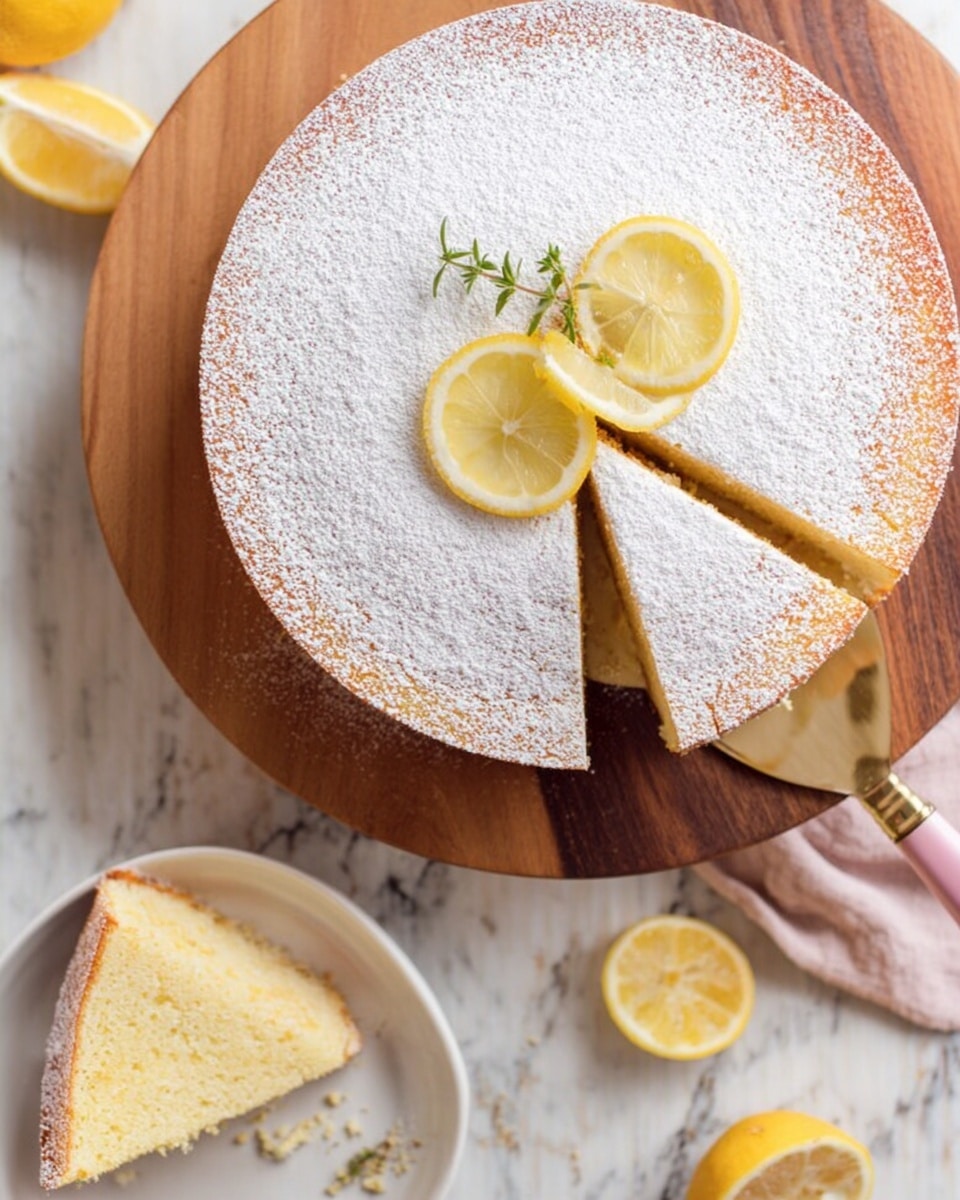 A round cake topped with a light dusting of powdered sugar covers the whole surface, giving it a soft white look. On top are three thin yellow lemon slices arranged in the center with a small green herb sprig on them. One slice of the cake is cut out and placed on a white plate nearby, showing a light yellow interior with a soft texture. The cake and plate are placed on a wooden board, and the background is a white marbled surface with some lemon halves partially visible. A woman's hand holding a gold and pink cake server is lifting the slice. Photo taken with an iphone --ar 4:5 --v 7