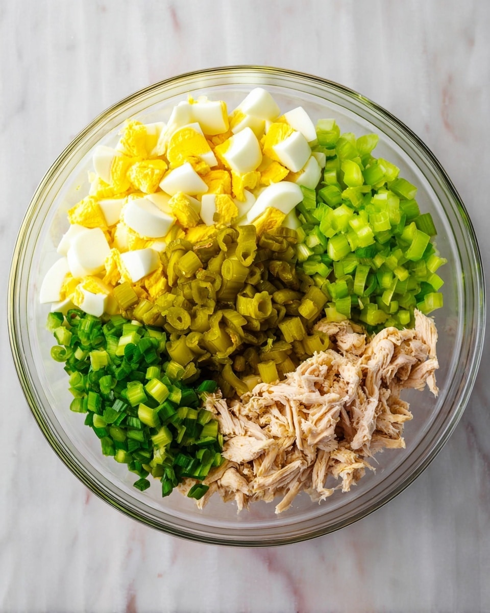 The image shows a sandwich made with two thick slices of oat-topped brown bread. Between the slices is a thick layer of creamy chicken salad mixed with chopped celery and fresh herbs, giving it a soft, chunky texture with pale yellow and green tones. On top of the sandwich, a small green pickle is secured with a wooden toothpick. The sandwich is placed on a white plate, set on a wooden table with a white marbled texture background. Nearby, there is a glass of iced tea, a rustic wooden utensil, and a woven basket with a green plant inside. photo taken with an iphone --ar 4:5 --v 7