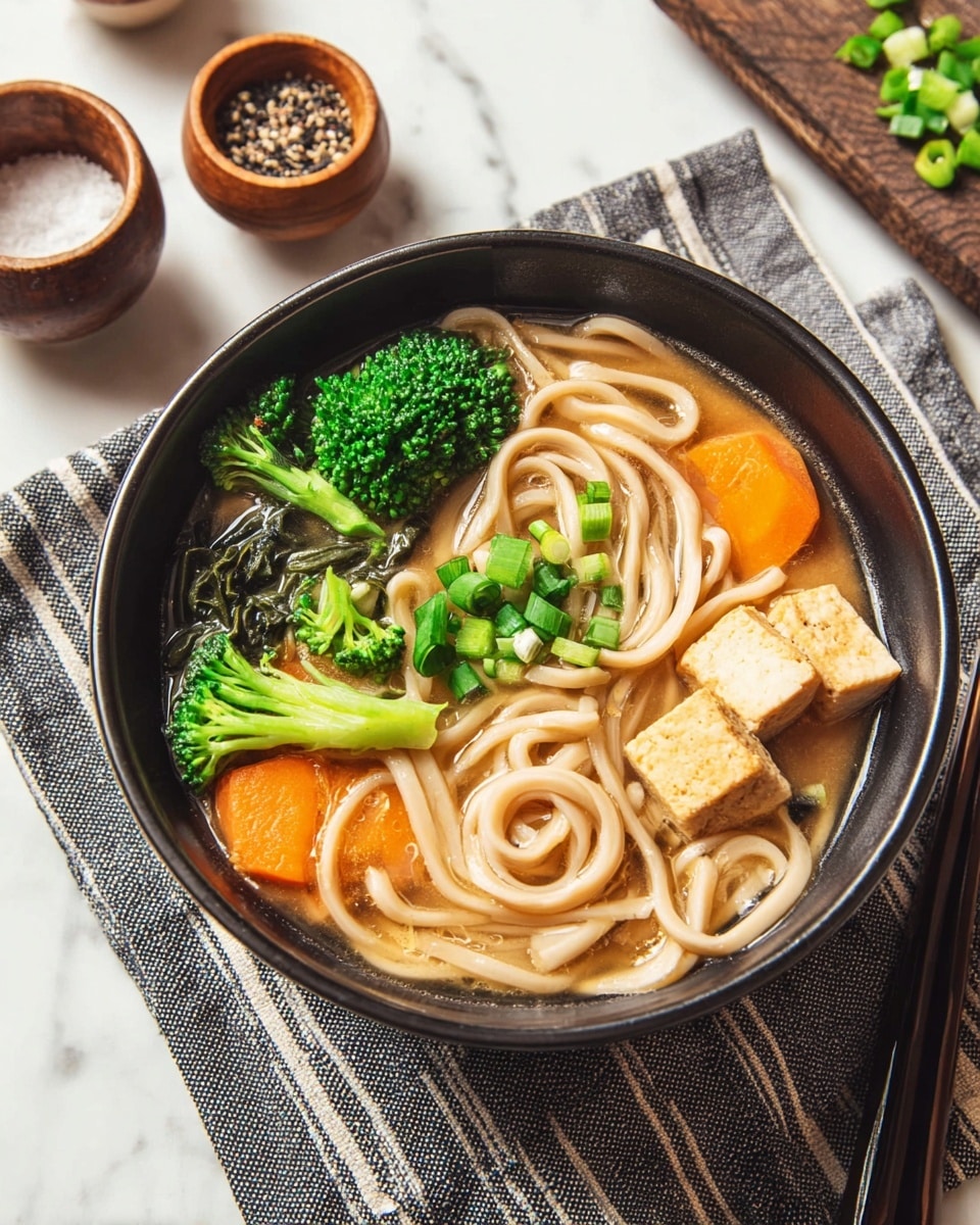 A dark bowl filled with light brown broth with thick beige noodles inside, topped with bright green broccoli florets, dark green leafy vegetables, two small light brown tofu cubes, and a few orange carrot slices. The bowl sits on a gray cloth with white stripes, on a white marbled textured surface, with wooden containers holding black pepper and coarse salt nearby, and a pair of black chopsticks resting on the side. Photo taken with an iphone --ar 4:5 --v 7