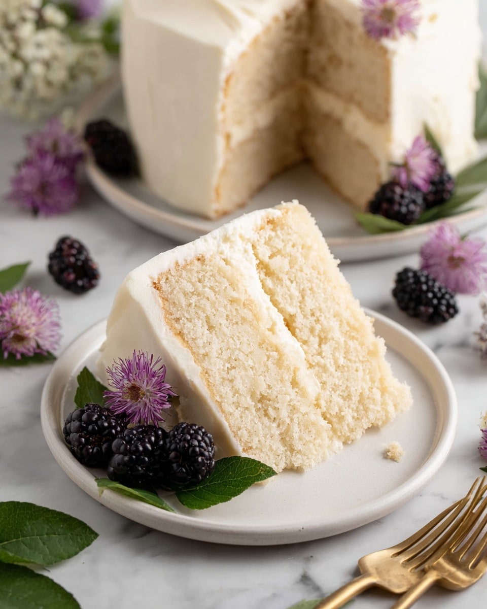 A round, two-layer cake covered in smooth, creamy white frosting with a slightly textured finish sits on a white plate. On top, there is a decoration of fresh blackberries clustered together with different sizes, accompanied by small pink flowers and dark green leaves spread naturally across the center. Surrounding the cake are a few scattered blackberries and pink flowers, with a small bowl filled with blackberries in the background. The whole scene is placed on a white marbled surface. Photo taken with an iphone --ar 4:5 --v 7