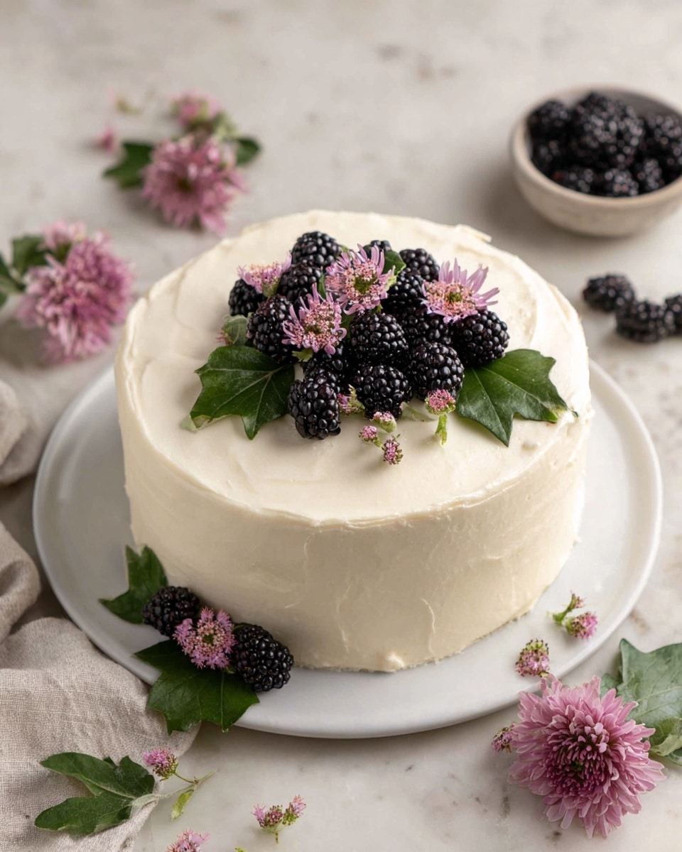 A close-up view of a single slice of light beige cake with a soft, fluffy texture, showing two layers separated by a thin layer of creamy white frosting. The slice is placed on a white round plate, decorated with two blackberries, a small purple flower, and green leaves on the side. In the background, part of the remaining cake covered in the same creamy frosting is visible on another white plate, along with scattered blackberries and purple flowers on a white marbled surface. Three golden forks lie next to the plates. Photo taken with an iphone --ar 4:5 --v 7