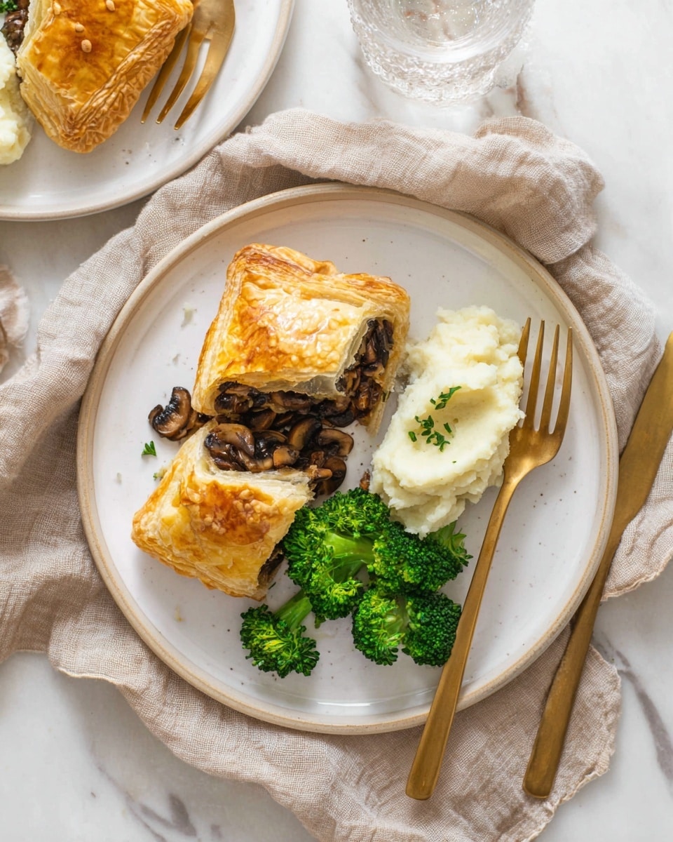 A golden brown puff pastry roll sits on a white rectangular plate with fresh green thyme sprigs around it for garnish. The pastry has a braided strip on top running lengthwise, decorated with small thyme leaves. The roll is cut to show a rich filling inside made of dark chopped mushrooms and greens, with a soft and moist texture. The outer crust looks flaky and slightly crispy, with light browning on the surface. The plate rests on a white marbled texture. photo taken with an iphone --ar 4:5 --v 7