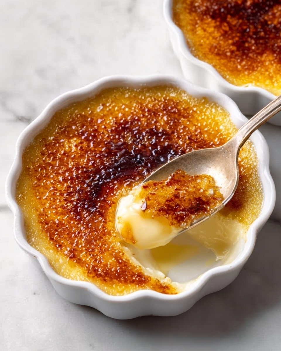 Three white round ramekins with caramelized golden brown crème brûlée tops are placed on an old silver tray with ornate edges. The crème brûlée has a smooth, creamy yellow custard layer beneath the cracked, shiny caramelized sugar top. Each ramekin shows a slightly different texture where a silver spoon rests inside or on top, breaking the hard caramel and revealing the soft custard inside. Light pink flowers are scattered around the ramekins on the tray, which sits on a soft white marbled background. photo taken with an iphone --ar 4:5 --v 7