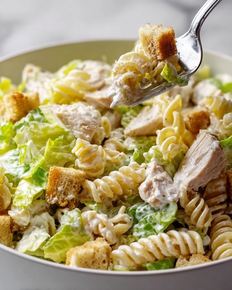 A white plate holds a creamy pasta salad with three visible layers. The bottom layer is light green, made of Romaine lettuce pieces with crisp, textured edges. The middle layer features off-white spiral rotini pasta coated in a thick creamy dressing with a smooth texture. Scattered on top are small, golden brown croutons with a crunchy, rough surface and chunks of white chicken with a tender, slightly peppered look. A fork rests on the side of the plate against the white marbled surface background. Photo taken with an iphone --ar 4:5 --v 7