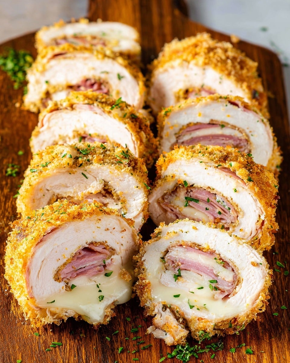 A white plate holds three slices of a rolled chicken breast stuffed with a thin layer of pink ham and creamy melted cheese in the center, all coated with a golden-brown breadcrumb crust. The chicken looks tender and juicy, seasoned with black pepper and small green herb flecks. To the right side of the plate, there is a scoop of mashed potatoes topped with black pepper, and behind the chicken slices, a cluster of bright green steamed green beans is visible. The plate rests on a white marbled surface with a bit of light brown gravy pooled under the front chicken slice. photo taken with an iphone --ar 4:5 --v 7