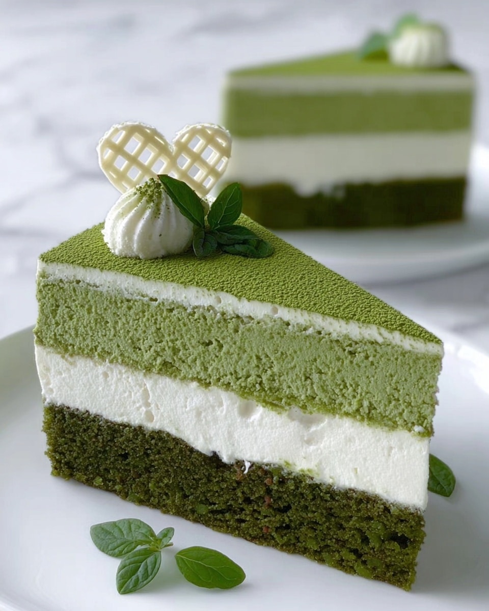The image shows a close-up of two slices of a three-layer green tea cake placed on a white plate on a white marbled surface. The bottom layer is a dark green sponge cake with a soft, porous texture. The middle layer is thick and creamy white, smooth and fluffy. The top layer is a dense, finely textured green tea mousse with a matte finish. The very top is dusted with a fine layer of bright green matcha powder, giving it a velvety look. One slice features a white chocolate decoration shaped like a lattice heart placed on its top corner. There are small green leaves as garnish near the cake slices. Photo taken with an iphone --ar 4:5 --v 7