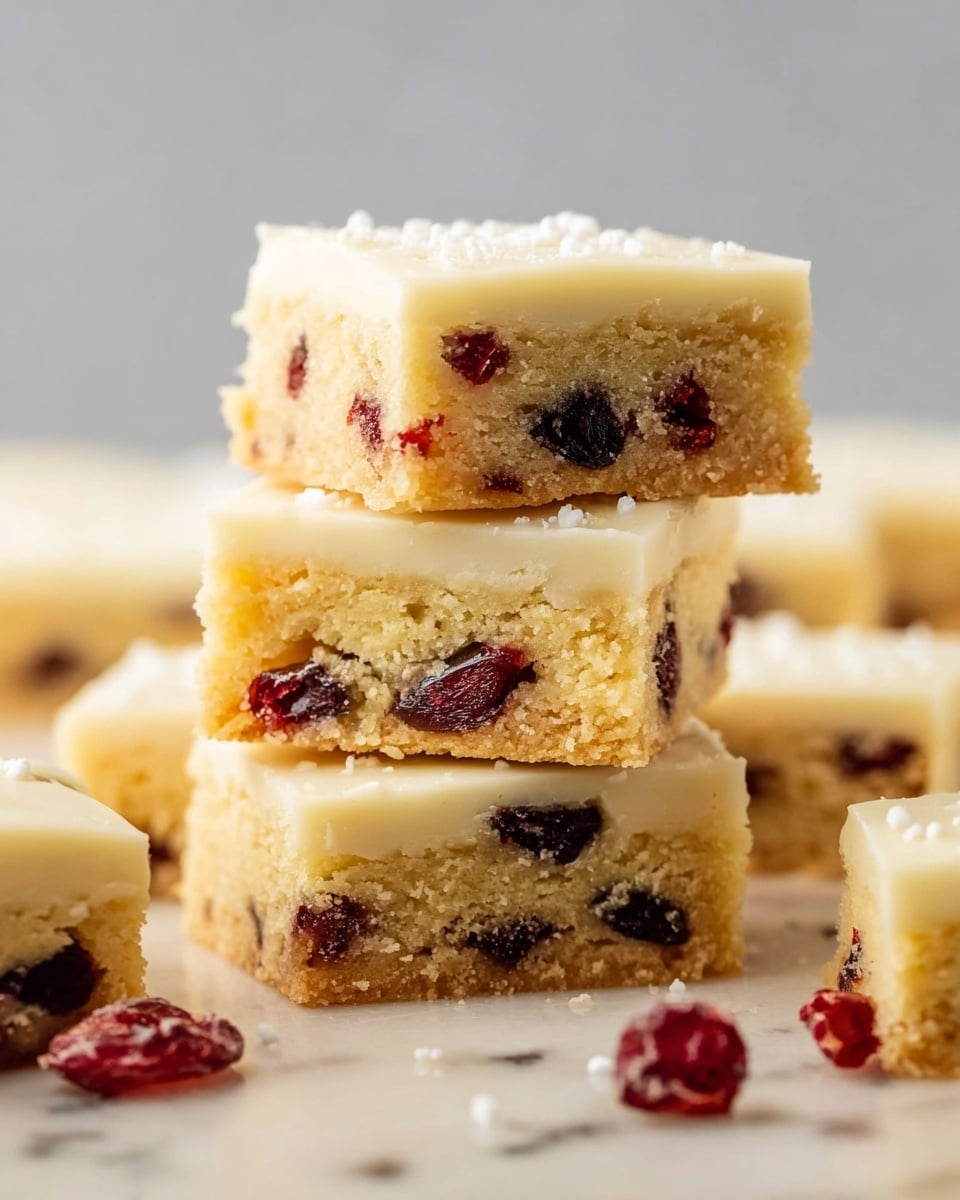 A close-up view of a stack of four square dessert bars on a white marbled surface, each bar having two layers: a bottom layer of light golden-yellow cookie dough embedded with dark red dried cranberries, showing a crumbly texture, and a smooth, thick white icing layer on top that glistens slightly. Scattered around the stack are a few loose dried cranberries and small white sprinkles, adding texture and color contrast. The scene is softly lit, highlighting the details and colors of the dessert bars. photo taken with an iphone --ar 4:5 --v 7