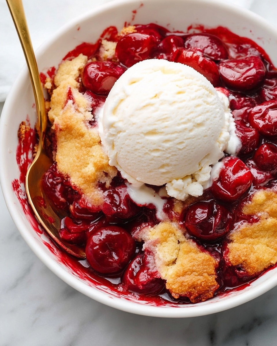 The image shows a white bowl filled with a warm cherry cobbler topped with a scoop of vanilla ice cream. The bottom layer is a thick, glossy red cherry filling with whole cherries and syrup. Above this, there are golden-brown, slightly crispy pieces of cobbler crust scattered unevenly. The top center holds a smooth, creamy scoop of vanilla ice cream starting to melt and mix into the cherry layer below. A gold spoon is partially submerged in the dessert on the left side, and part of the bowl’s edge shows some red juice stains. The bowl is placed on a white marbled surface. Photo taken with an iphone --ar 4:5 --v 7