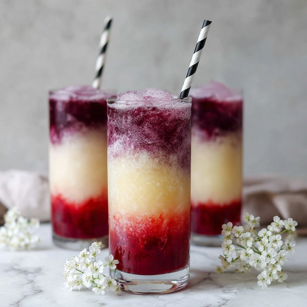 Two tall transparent glasses filled with drinks that have three clear layers: the bottom layer is bright red with ice cubes, the middle layer is creamy pale yellow, and the top layer is dark purple with a frosty texture. Each glass has a black and white striped straw placed in the middle. The glasses are set on a white marbled surface, decorated with a thin string of small gold star shapes and a corner of an American flag visible on the lower right side. Photo taken with an iphone --ar 4:5 --v 7