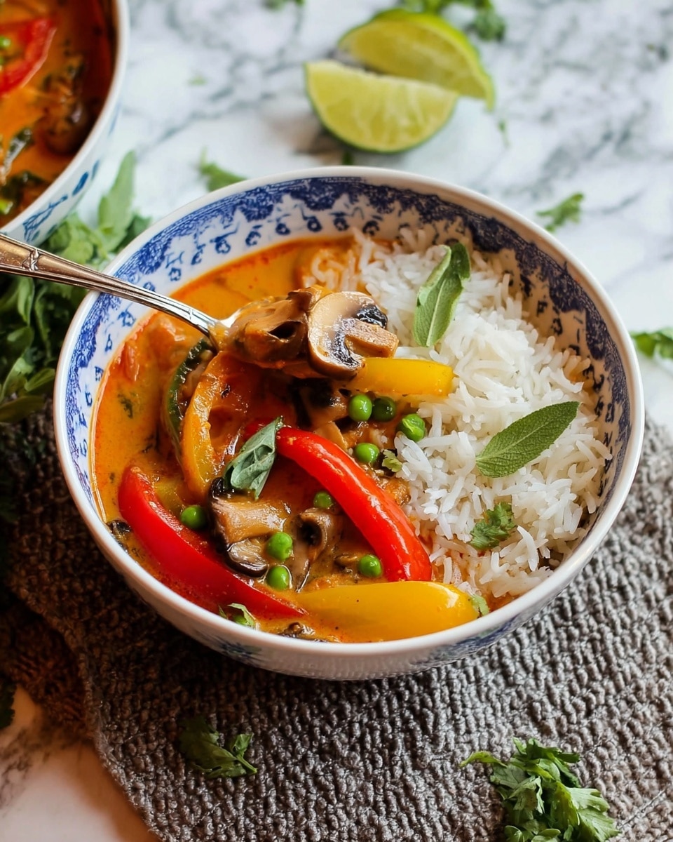A large skillet filled with a colorful stir-fry featuring three main layers: a creamy brown sauce covering the base, vibrant green snap peas scattered evenly on top, and slices of red and yellow bell peppers along with brown mushroom pieces spread throughout. The skillet rests on a round brown woven mat with a blue and white striped cloth napkin nearby, all set on a white marbled surface. photo taken with an iphone --ar 4:5 --v 7