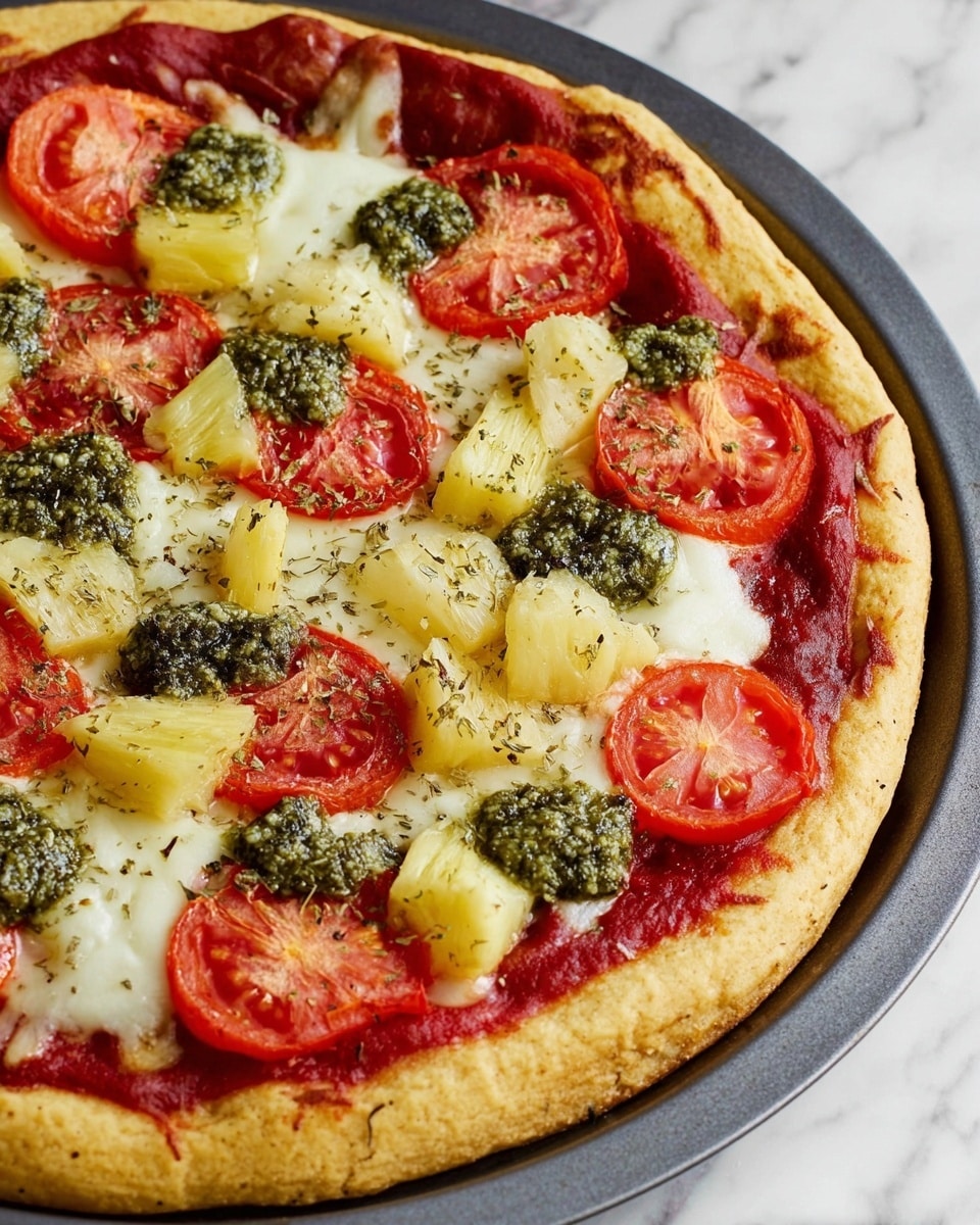 A close-up of four slices of pizza arranged on a wooden board, resting on a white marbled surface with a white cloth featuring thin black stripes at the edge. The pizza has a golden brown crust as the bottom layer, topped with a smooth red tomato sauce spread evenly over the dough. On top of the sauce, there is a layer of melted white cheese, sprinkled lightly with shredded cheese strands. Large slices of red tomato and chunks of pale yellow pineapple are placed unevenly on the cheese, along with small dollops of dark green pesto sauce. The textures show slight bubbling in the cheese and herbs sprinkled lightly over the toppings. photo taken with an iphone --ar 4:5 --v 7
