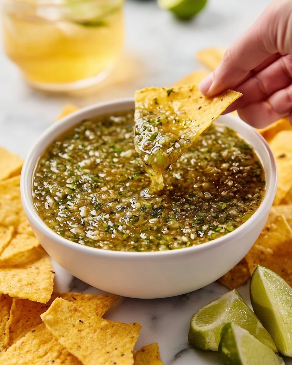 A white bowl filled with chunky green salsa, showing visible seeds and small bits of herbs, sits in the center. Around the bowl, there are several yellow corn tortilla chips scattered on a white marbled surface. To the top left, there is a whole green tomato and a halved green tomato with visible seeds. At the bottom right, there are two fresh lime wedges with bright green rind and juicy pale green inside. In the top right corner, a glass with light amber liquid and a small green garnish is partially visible. Photo taken with an iphone --ar 4:5 --v 7
