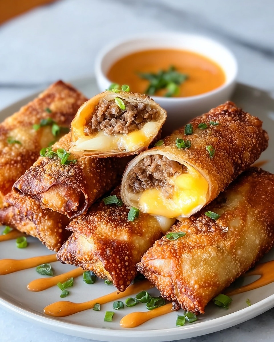 A close-up view of a stack of six golden brown crispy egg rolls on a white plate, with two of them cut open to show the filling inside. Each egg roll has a textured, bubbly fried outer layer that is deep golden, and the filling inside shows layers of cooked ground meat, small pieces of orange carrot, white onions, and green herbs or scallions. The egg rolls are sprinkled with bright green chopped scallions on top, and one egg roll has a shiny red sauce drizzled over it, adding a glossy contrast. The white plate rests on a white marbled surface. photo taken with an iphone --ar 4:5 --v 7