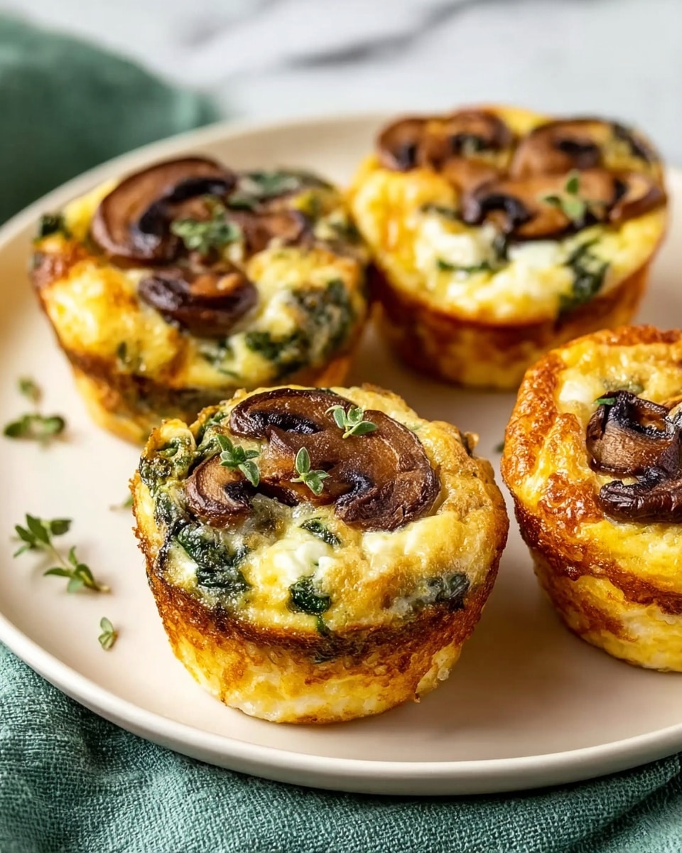 A close-up view of a small baked egg muffin with a bite taken out of it, showing a soft, fluffy, and light yellow inside texture. The muffin has a golden crust on the outside and is topped with browned, sliced mushroom pieces and some green spinach leaves embedded on the surface. It sits on a white plate set against a white marbled texture. In the background, two more egg muffins with similar toppings are slightly out of focus. photo taken with an iphone --ar 4:5 --v 7