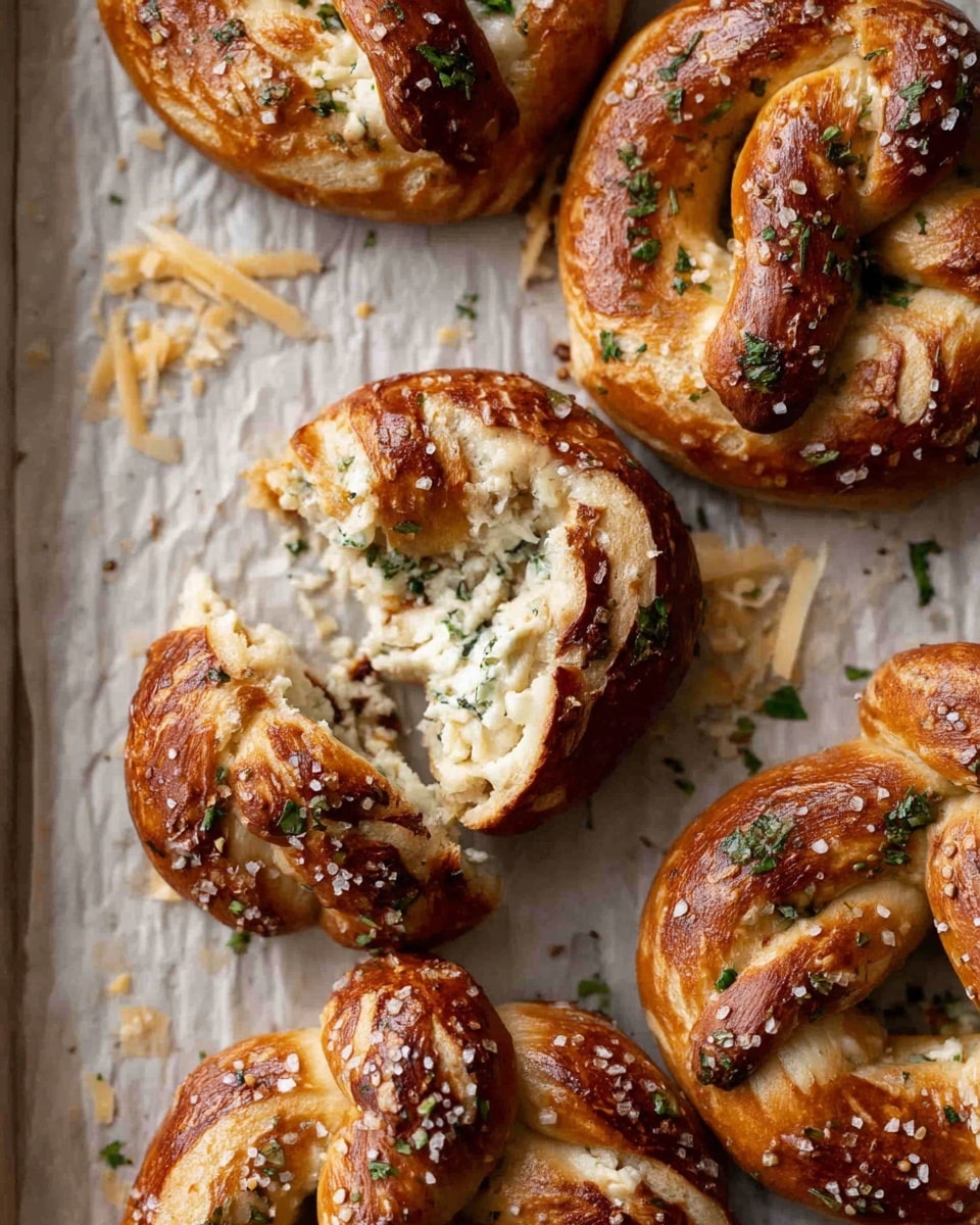 The image shows three golden brown pretzels with a shiny surface and coarse salt sprinkled on top. Each pretzel has a classic twisted shape with a smooth, slightly glossy texture, and there are small green herb leaves scattered on and around the pretzels. The pretzels rest on a piece of brown parchment paper, with one pretzel in the center partially torn open to reveal a soft, white inside. The background is a white marbled texture. photo taken with an iphone --ar 4:5 --v 7