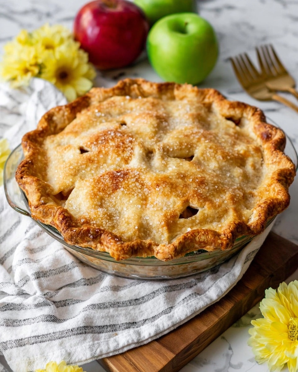 A golden-brown apple pie with a crimped edge crust sits on a clear glass pie dish. The pie has a slightly uneven top layer sprinkled with coarse sugar crystals that add texture and sparkle. The crust shows small cut vents and a matte, flaky surface. The pie dish is on a striped white and black cloth, which rests on a wooden board. Around the pie on a white marbled texture surface, there are a red apple, two green apples, two gold forks, and a couple of yellow flowers as decoration. photo taken with an iphone --ar 4:5 --v 7