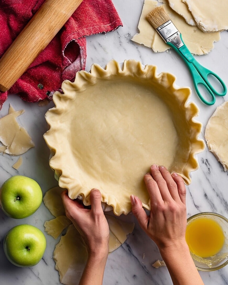 A close-up top view of a pie with the unbaked dough crust being crimped at the edge by a woman's two hands, one pinching the dough and the other shaping it, on a white marbled surface. The pie dough is light beige, smooth, and covers the filling completely. Around the pie, there are pieces of trimmed dough, a pair of turquoise scissors, two green apples, and a small glass bowl with golden-yellow egg wash and a wooden brush resting inside. A wooden rolling pin lies on a red cloth in the upper left corner. The scene is well-lit, showing texture and color contrasts clearly. Photo taken with an iphone --ar 4:5 --v 7