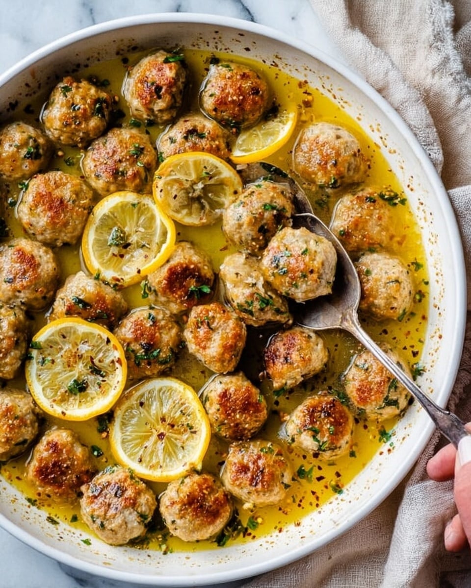 A white round plate holds a layer of yellow orzo pasta forming a base, topped with five browned meatballs dusted with white grated cheese. Bright green basil leaves are scattered on top and around the meatballs for color contrast. To the right side of the plate, two gold and white forks rest on the orzo. A woman's hand gently touches the bottom left edge of the plate. Around the plate, there are torn pieces of light crusty bread, loose basil leaves, a half yellow lemon, and a small white bowl filled with grated cheese, all set on a white marbled surface. In the upper right corner, part of a white bowl with more orzo and meatballs is visible. photo taken with an iphone --ar 4:5 --v 7