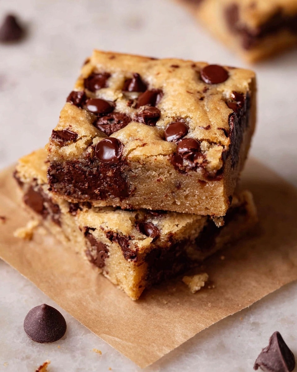 The image shows several square pieces of cookie blondies on a white marbled surface. Each piece has a golden-brown base with a soft and slightly chewy texture, and is dotted with large, melted dark chocolate chunks that create irregular dark spots spread across the top. The blondie in the center has a bite taken out of it, revealing a dense, chewy inside with melted chocolate pockets. The edges of the blondies appear slightly crispier and darker than the middle parts. Around the pieces, a few loose chocolate chips and smudges of melted chocolate add detail to the scene. Photo taken with an iphone --ar 4:5 --v 7