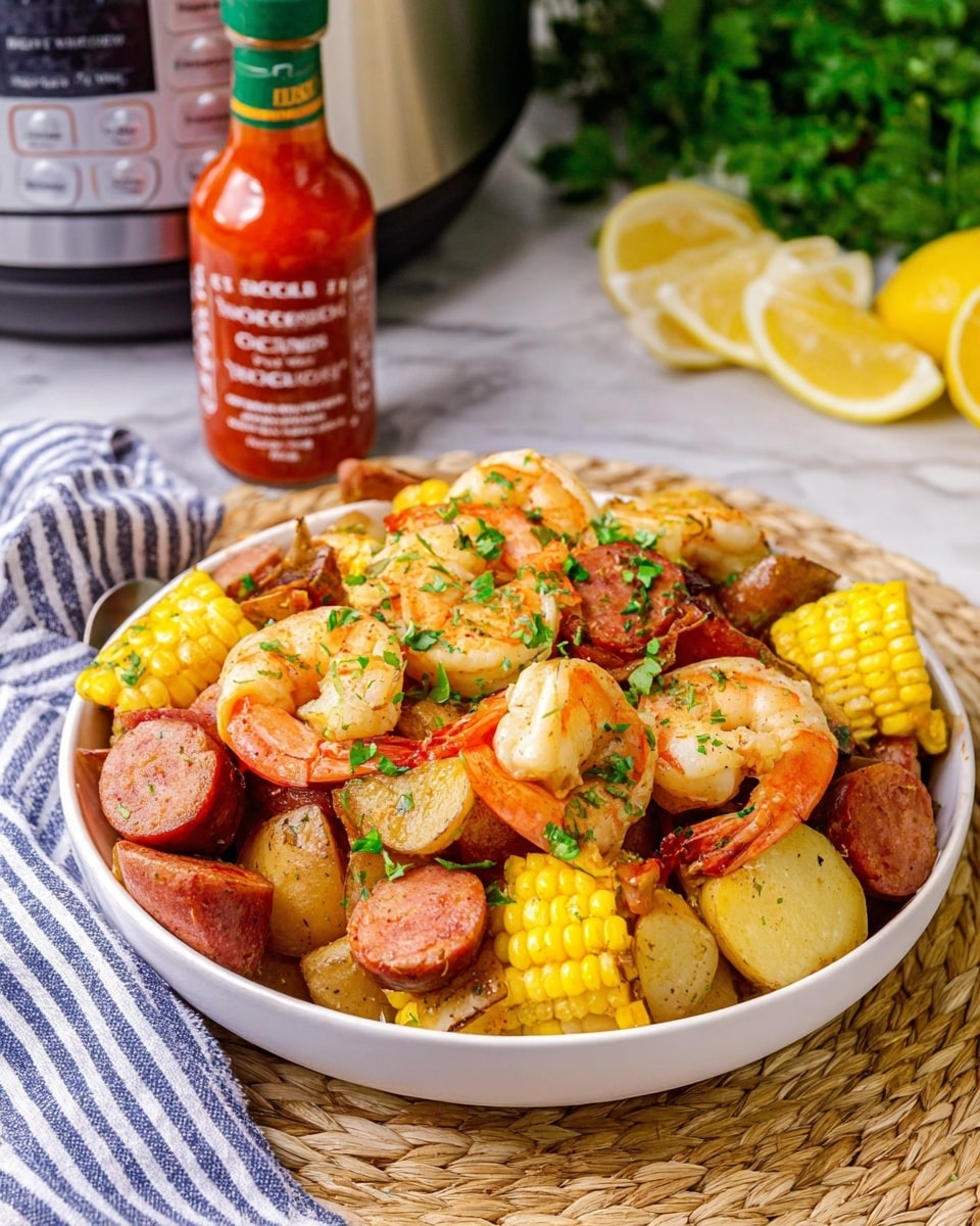 A white bowl filled with a colorful seafood boil sits on a woven mat over a white marbled surface with a blue and white striped cloth nearby. The dish has shrimp with a light orange color, golden yellow corn cut into chunks, sliced brown smoked sausage, and small tan potatoes, all sprinkled with green chopped herbs on top. The shrimp are mostly on the top layer, with the corn and sausage pieces layered in between, and the potatoes are mostly around the edges. In the background, a bottle of hot sauce with a red cap and green label stands next to a black slow cooker, and some lemon wedges are visible to the right side. Photo taken with an iphone --ar 4:5 --v 7