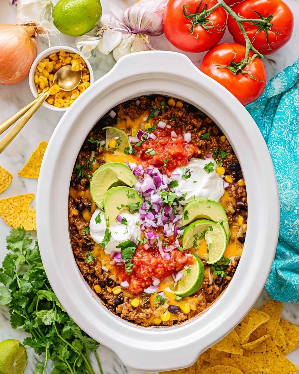 A white plate with a blue rim holds a layered dish starting with a base of crispy yellow tortilla chips. On top, there is a mix of cooked ground meat with visible corn kernels and black beans, covered with melted cheddar cheese creating a golden, slightly browned layer. Fresh diced red tomatoes and chopped green cilantro are scattered across the dish. A dollop of white sour cream sits near the center, topped with a small piece of purple onion and more cilantro. On one side, there is a bright green lime wedge resting on the nachos. Next to it, creamy pale green avocado slices are fanned out. In the background, there is a white marbled surface with red tomatoes, a sliced purple onion, and lime halves partly visible. Photo taken with an iphone --ar 4:5 --v 7