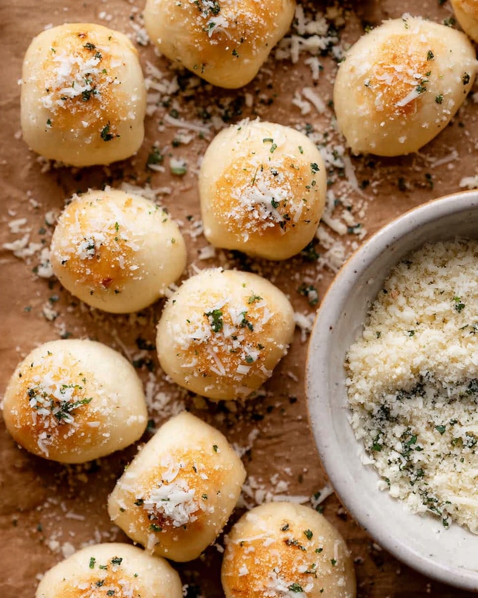 Small, round bread dough pieces with a light golden brown top layer are scattered on a baking sheet, each topped with a sprinkle of white grated cheese and small green herb bits. To the right side, a white bowl filled with a similar grated cheese and herb mix is partially visible. The bread pieces have a soft, smooth texture with some uneven browning, and the small toppings add a slightly rough texture on top. The baking sheet contrasts with a brown color underneath, while the overall image has a cozy and fresh feel. Photo taken with an iphone --ar 4:5 --v 7