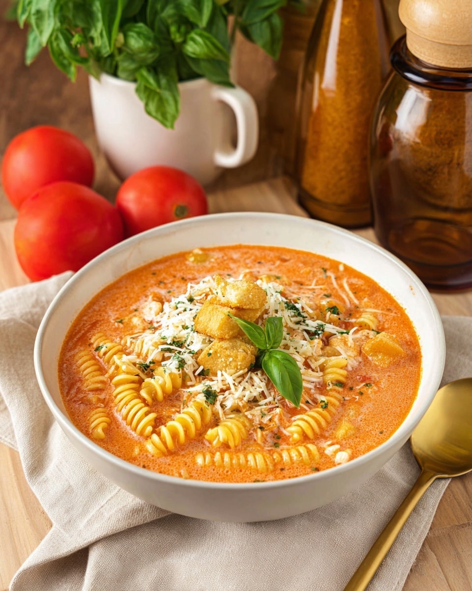 A white bowl filled with creamy tomato pasta soup, showing three visible layers: the bottom layer is a rich orange-red creamy tomato broth, the middle layer contains small spiral pasta pieces mixed with bits of cooked chicken, and the top layer is garnished with shredded white cheese, chopped green herbs, and a small stack of golden-brown croutons crowned with a fresh green basil leaf. The bowl sits on a light beige cloth on a wooden surface. Around it are two bright red tomatoes, a bunch of fresh green basil, a white mug with a tea bag inside, a large round amber glass bottle, a pair of wooden pepper and salt grinders, and a gold spoon placed next to the bowl. photo taken with an iphone --ar 4:5 --v 7