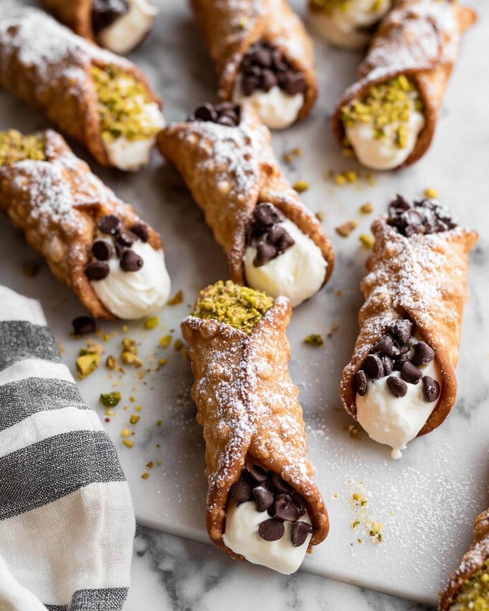 A row of golden-brown cannoli shells filled with creamy white ricotta cheese, each shell’s ends dipped in either small dark chocolate chips or chopped green pistachios, dusted lightly with powdered sugar; the pastries rest on a copper wire rack set on a white marbled surface, with scattered chocolate chips around. In the soft focus background, there are small white bowls containing more chocolate chips and ricotta. photo taken with an iphone --ar 4:5 --v 7