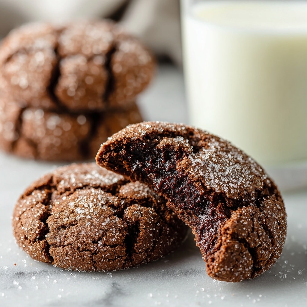 A close-up view of a soft chocolate cookie with a cracked surface, coated with granulated sugar and cinnamon, placed on a white marbled surface. The cookie shows a bite taken out, revealing a moist, dark chocolate center that looks gooey and rich. Behind it, there is another similar cookie slightly blurred, and in the background, a tall glass of milk is softly out of focus. photo taken with an iphone --ar 4:5 --v 7
