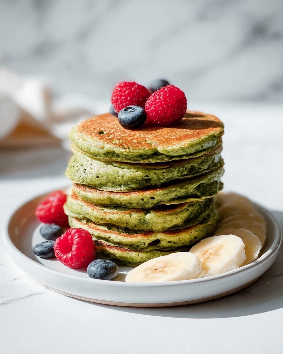 A stack of six green pancakes with a soft and fluffy texture is centered on a white plate, showing golden-brown edges and small air holes throughout. On top of the stack, there are three raspberries and two blueberries adding bright red and deep blue colors. Around the base of the pancakes, sliced bananas, a blueberry, and a raspberry are placed casually, creating a fresh look. The background is a white marbled surface with soft natural light highlighting the details. photo taken with an iphone --ar 4:5 --v 7