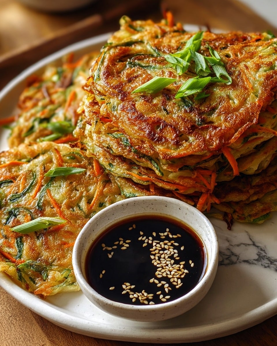 The image shows a white plate filled with golden-brown Korean pancakes arranged in a circle around a small white bowl of dark soy dipping sauce with sesame seeds on top. Each pancake is thick, crispy on the edges with a slightly uneven texture, and has visible green onion slices inside and on top, adding pops of green. A woman's hand is holding wooden chopsticks, lifting one pancake above the plate, showing the light, fluffy inside and crispy outside. The plate is set on a white marbled surface. Photo taken with an iphone --ar 4:5 --v 7