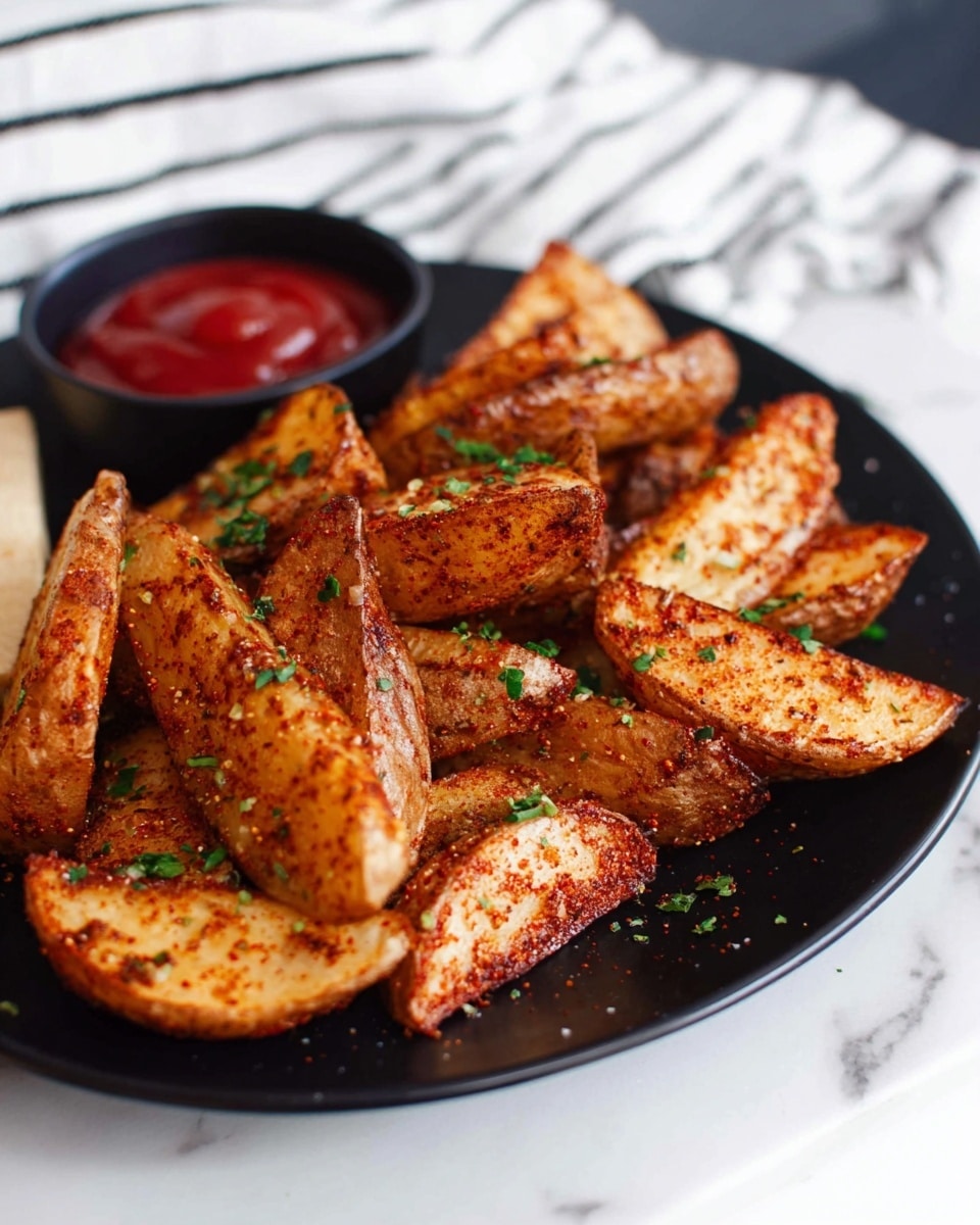 A black textured rectangular plate filled with about two layers of golden-brown potato wedges sprinkled with green parsley and red chili flakes. On the top right corner inside the plate, there is a small round brown bowl filled with dark red ketchup. A woman's hand is dipping one potato wedge into the ketchup. The plate is placed on a white cloth with a black checkered pattern, atop a white marbled surface. There are scattered green parsley leaves and a white bowl with red chili flakes partially visible around the plate. Photo taken with an iphone --ar 4:5 --v 7