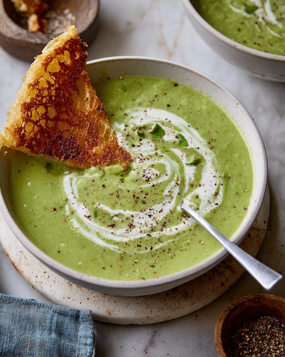 A shiny silver pot with a thick green soup inside, smooth in texture with tiny specks of herbs visible throughout. A wooden-handled spoon rests in the soup, partially submerged on the left side of the pot. The pot is held by a woman's hand wearing a teal cloth around the handle. Nearby, a white plate holds torn pieces of toasted bread with a golden brown and buttery surface, sitting on a white marbled texture. To the right, stacked white bowls with spoons rest slightly out of focus, all on a rustic brown wooden surface. photo taken with an iphone --ar 4:5 --v 7