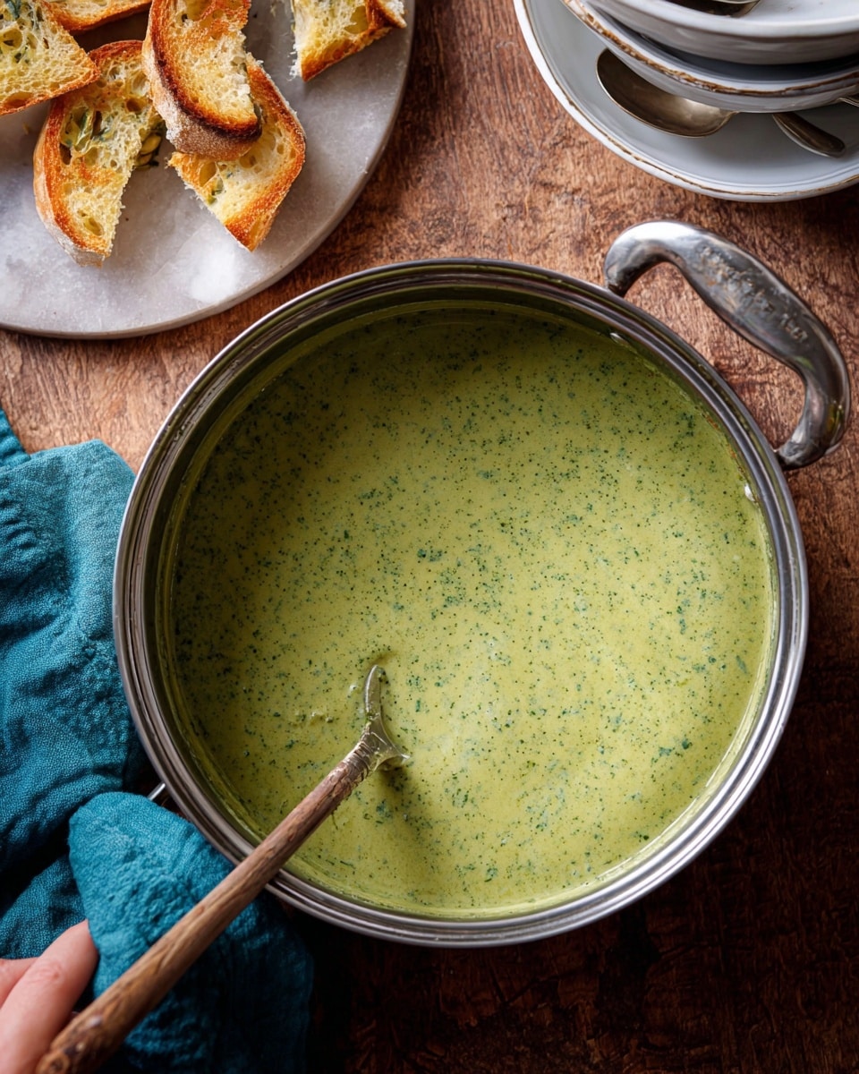 A bowl filled with creamy green soup, smooth in texture and topped with a swirl of white cream and a sprinkle of black pepper. Resting inside the bowl at the edge is a triangular slice of toasted bread with a golden, slightly crispy surface spread with butter. A silver spoon is placed on the right side inside the bowl. The bowl is white and sits on a white marbled surface. In the background, a small bowl of ground pepper and a partially seen bowl of the same green soup are visible. photo taken with an iphone --ar 4:5 --v 7