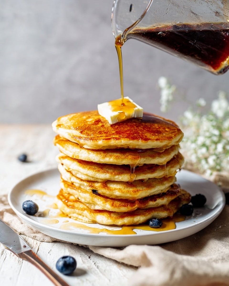 A tall stack of golden brown pancakes with a slightly crispy edge sits on a white plate. The stack has about eight pancakes, with the top one topped by a small melting pat of butter. Syrup glistens as it drips slowly down the sides of the pancakes. In front of the stack, several pancake slices are held by a black fork, showing a soft, fluffy inside with a light yellow color. A knife rests on the left side of the plate. The plate is placed on a light-colored cloth over a wooden surface, with some small white flowers and a few blueberries scattered around. In the background, a white bowl filled with strawberries and blueberries is softly out of focus against a white marbled textured surface. photo taken with an iphone --ar 4:5 --v 7