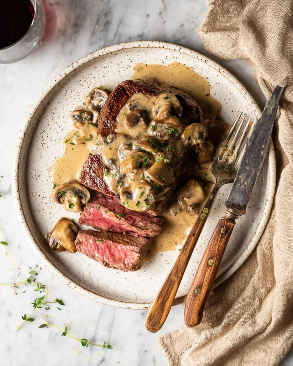 A white speckled plate on a white marbled surface holds a medium-cooked steak, partially sliced to show a pink center. The steak is topped with light brown mushroom sauce containing visible mushroom slices. More mushroom sauce surrounds the meat, with small green herb sprigs as garnish on top. A fork and knife with wooden handles rest neatly on the right side of the plate, and a beige cloth napkin is partially visible nearby. photo taken with an iphone --ar 4:5 --v 7