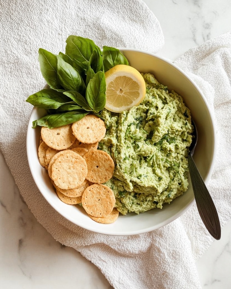 A woman's hand is holding a round, light brown crispy chip topped with a thick, creamy green dip that has a textured, slightly chunky look. The chip and dip are in the front of the photo. Behind it, there is a white bowl filled halfway with more of the green dip and several round chips of the same color scattered around. A spoon with a black handle is resting in the bowl, partially covered by the dip. In the background, a halved lemon and some green leaves are visible, all set on a white marbled textured surface with a white cloth underneath the bowl. Photo taken with an iphone --ar 4:5 --v 7