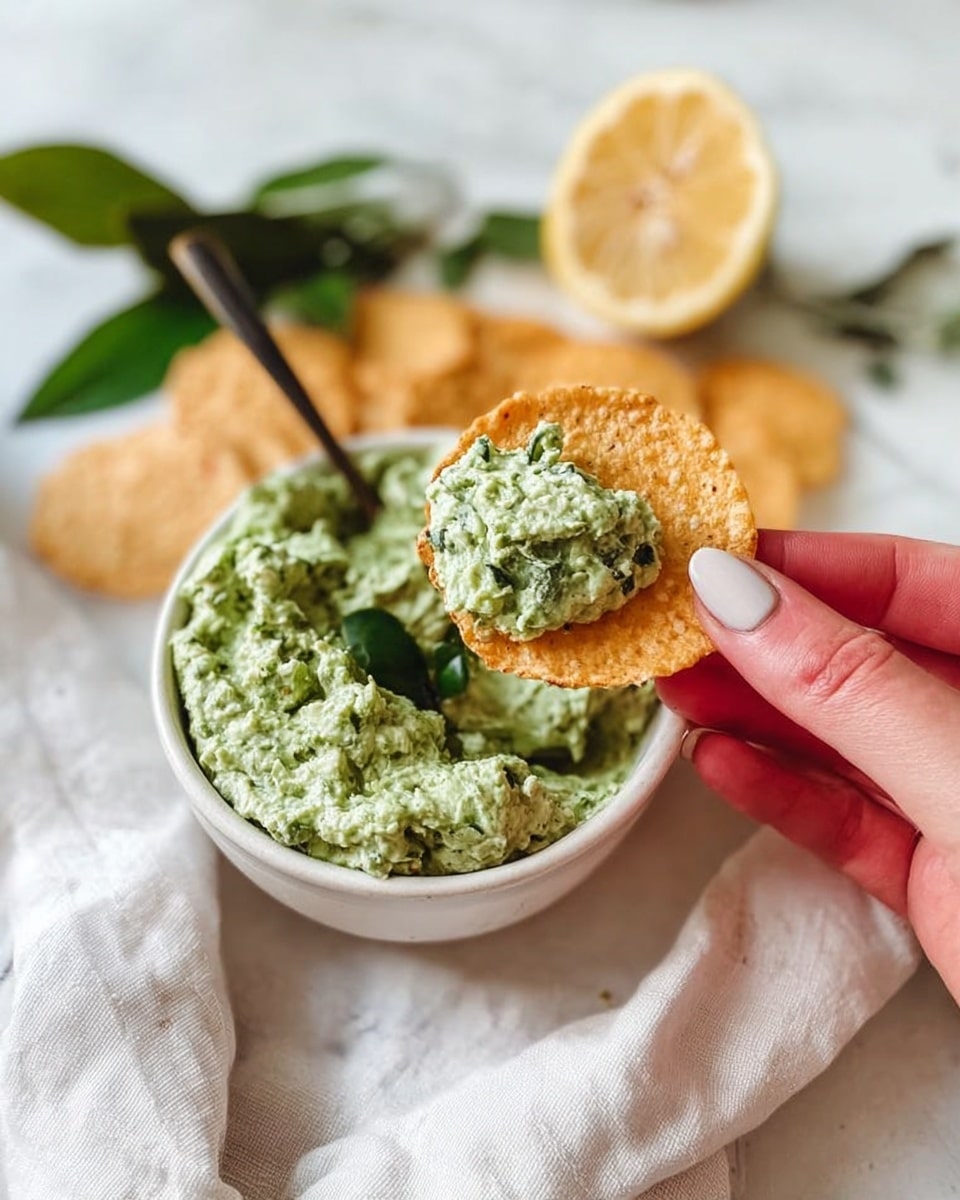 A white bowl is filled with two main layers side by side; on the left, a pile of round, light brown crispy chips with a rough texture, and on the right, a thick, light green chunky spread that looks creamy and slightly grainy. The bowl sits on a white textured cloth over a white marbled background. Above the bowl, a bunch of fresh green basil leaves with a half lemon placed on top adds a fresh touch. A dark spoon rests inside the bowl on the edge of the spread. photo taken with an iphone --ar 4:5 --v 7