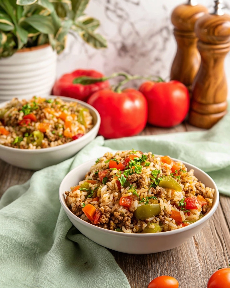 Two white bowls filled with a colorful mixed rice dish sit on a wooden table with a light green cloth nearby. Each bowl is heaped with layers of white rice combined with browned ground meat, chopped green bell peppers, diced red and orange tomatoes, and sprinkled with fresh green herbs. The rice looks fluffy and moist, and the vegetables add bright pops of green, red, and orange throughout. In the background are two pepper mills, whole red tomatoes, and a white plant pot with green leaves, all set against a white marbled textured surface. photo taken with an iphone --ar 4:5 --v 7