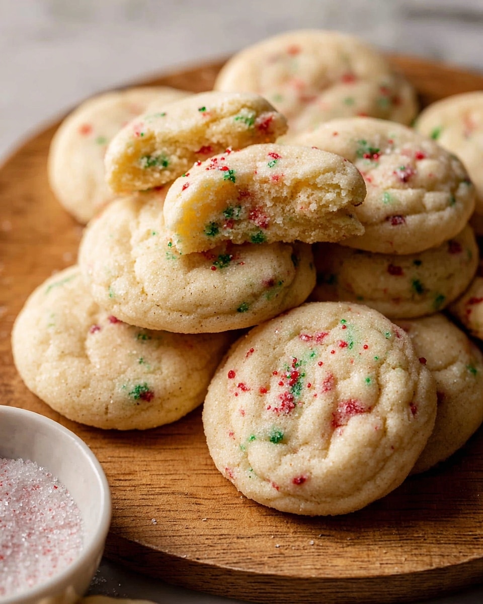 A stack of soft, round cookies with light golden color and a slightly grainy sugar coating, featuring small red and green sprinkles embedded in the dough; the top cookie is broken in half, showing a soft and crumbly inside texture, with more whole cookies scattered around on a white marbled surface. photo taken with an iphone --ar 4:5 --v 7