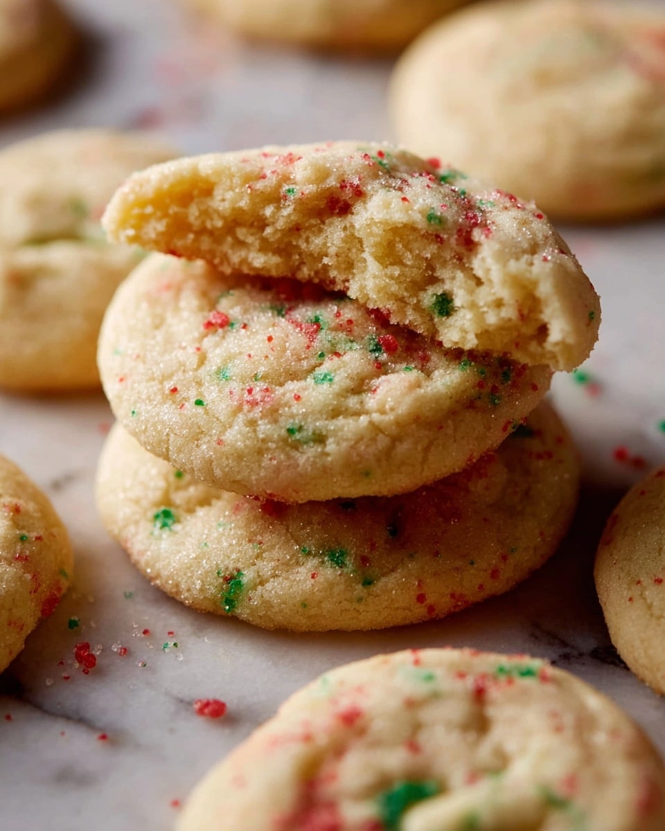 A collection of soft, round cookies with a light beige color and small red and green sprinkles scattered throughout each one, stacked closely together on a light wooden round board. Each cookie has a slightly cracked texture on the top, showing a soft and chewy inside. One cookie is broken in half, resting on top of the others to show the inside texture. The board is set on a white marbled surface, with a small portion of a white bowl filled with granulated sugar visible on the bottom left corner. Photo taken with an iphone --ar 4:5 --v 7