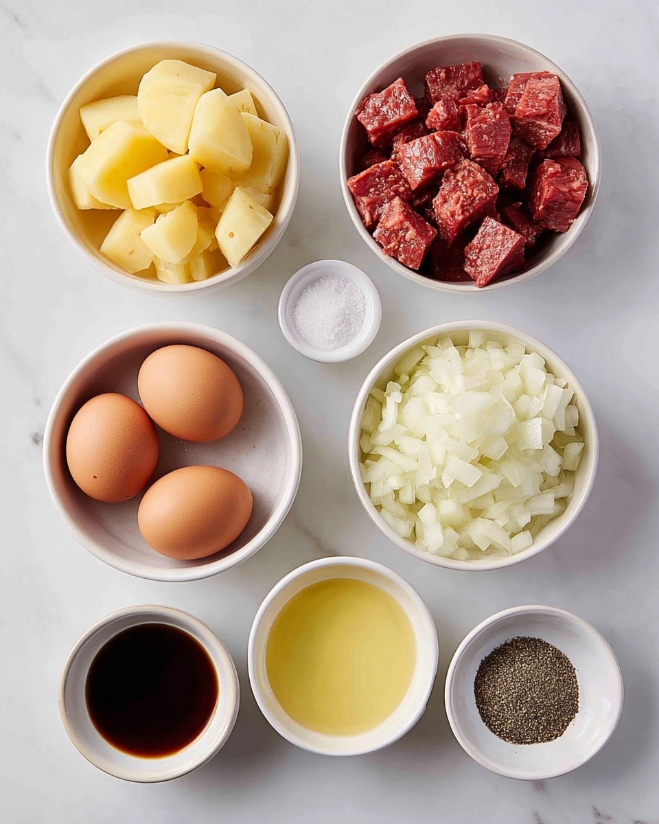 The image shows seven white bowls arranged on a white marbled surface. The top left bowl contains large chunks of peeled yellow potatoes, while the top right bowl holds small cubes of corned beef with a reddish-brown color and crumbly texture. Below the potatoes, a bowl has three whole brown eggs with smooth shells, and to the right, another bowl is filled with finely chopped white onions. On the bottom row, from left to right, there is a bowl with dark soy sauce, a bowl with pale yellow cooking oil, a small bowl of coarse white salt, and a small bowl of ground black pepper, all showing distinct textures and colors. The setup is clean and organized, with the bowls evenly spaced. photo taken with an iphone --ar 4:5 --v 7