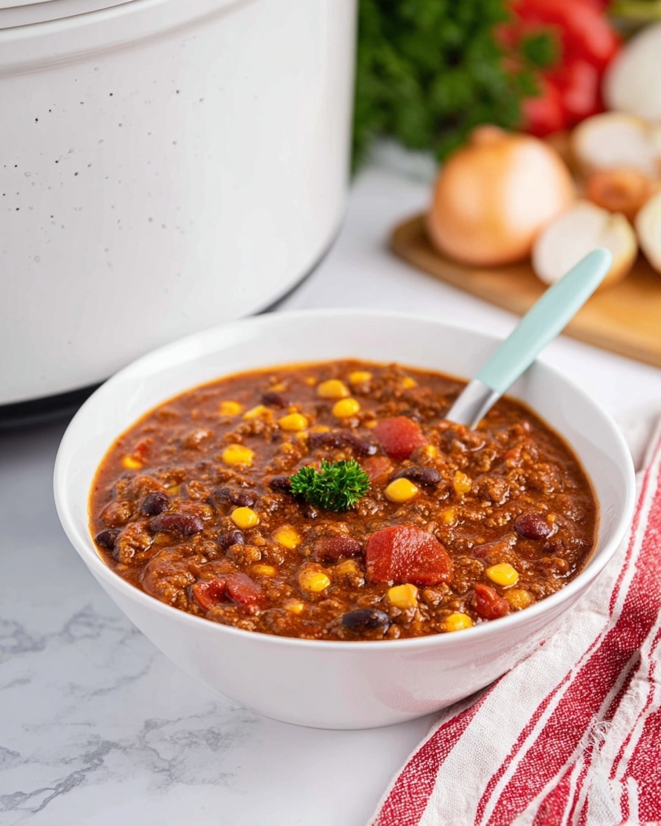 The image shows a white bowl filled with chili, which has a thick reddish-brown base with visible pieces of yellow corn, dark beans, red tomato chunks, and brown ground beef mixed throughout. The chili is topped with a small sprig of green parsley in the center. A light blue spoon is placed inside the bowl, resting on the left side. In the background, there is a white speckled slow cooker and some onions along with green herbs on a white marbled surface. A red and white striped cloth is placed on the right side near the bowl. photo taken with an iphone --ar 4:5 --v 7