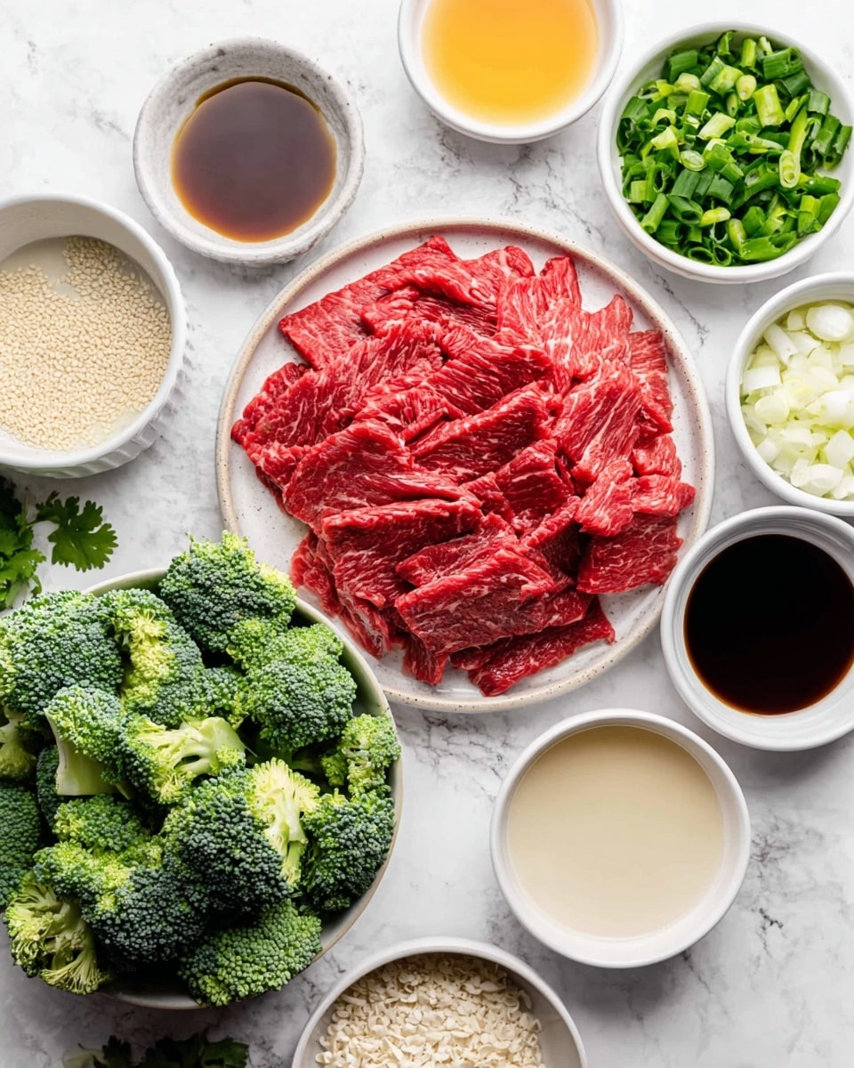 A white bowl holds a fresh salad with three layers: the bottom layer is bright green leafy kale, the middle layer has cooked broccoli pieces with a slightly charred texture, and the top layer features sliced grilled steak with a pink center and dark brown edges arranged in a neat row. A glossy dark brown sauce is drizzled over the steak and vegetables, sprinkled with white sesame seeds. The bowl sits on a white marbled surface with a silver fork beside it and a white cup filled with dark liquid nearby. A gray and white striped cloth is partially visible under the bowl. photo taken with an iphone --ar 4:5 --v 7