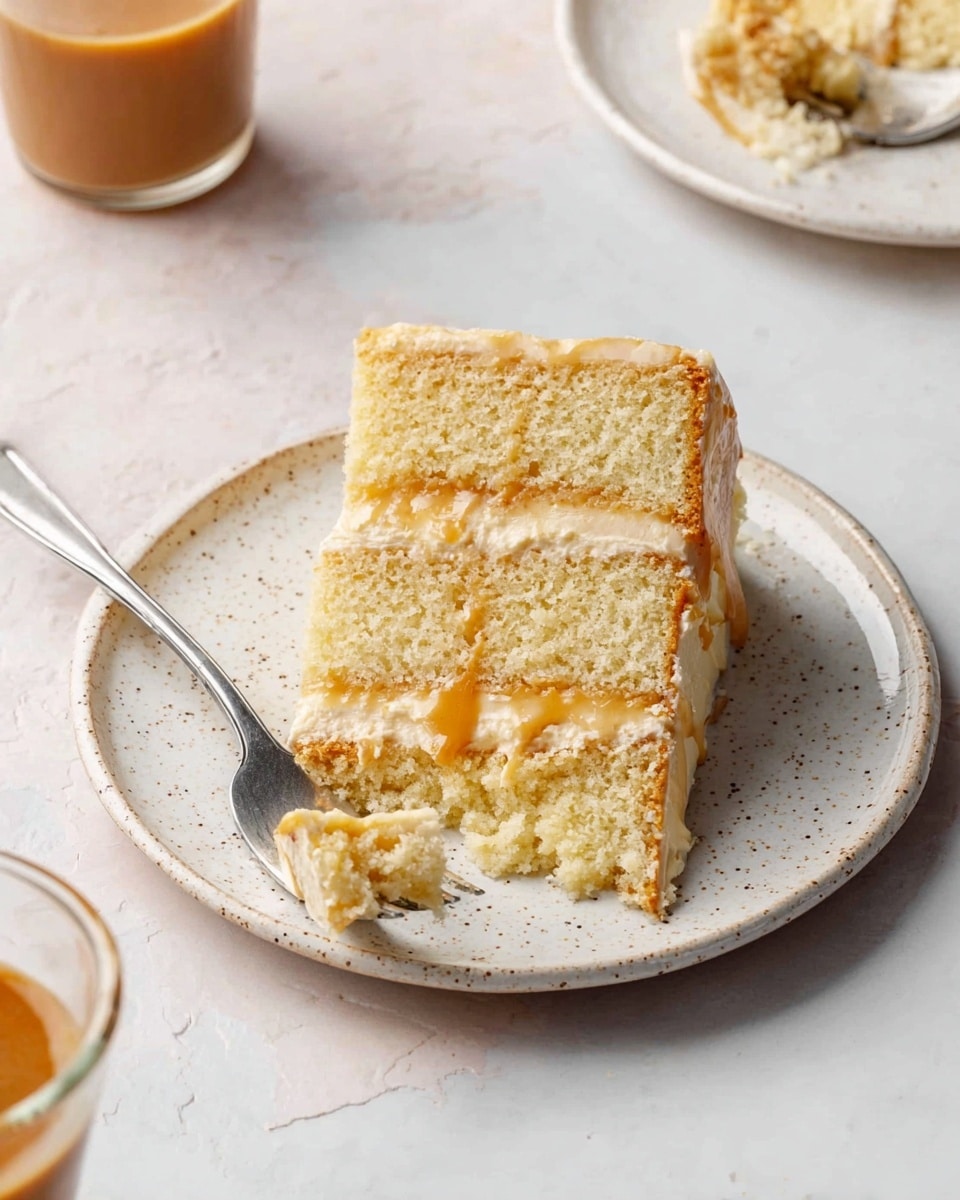 A three-layer cake sits on a white marble cake stand with a wooden base, each layer made of light brown sponge with smooth white cream filling in between. The top layer has small dollops of white frosting evenly spaced around the edge, and golden caramel sauce drips down the side from the top. In front of the stand is a glass with caramel sauce inside and a spoon, alongside a white cloth casually folded on a white marbled surface. The background is a soft beige color, and the scene is softly lit. photo taken with an iphone --ar 4:5 --v 7