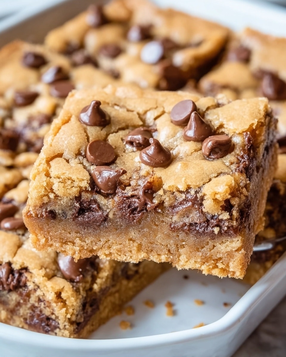 A close-up of a thick chocolate chip cookie bar square held above a white dish filled with more cookie bars. The bar has two layers: a golden-brown cookie crust base with a slightly crumbly texture, and a top layer loaded with melted and whole milk chocolate chips embedded evenly in a golden cookie dough. The edges of the bar show soft, chewy crumbs. The background is a white marbled texture. Photo taken with an iphone --ar 4:5 --v 7