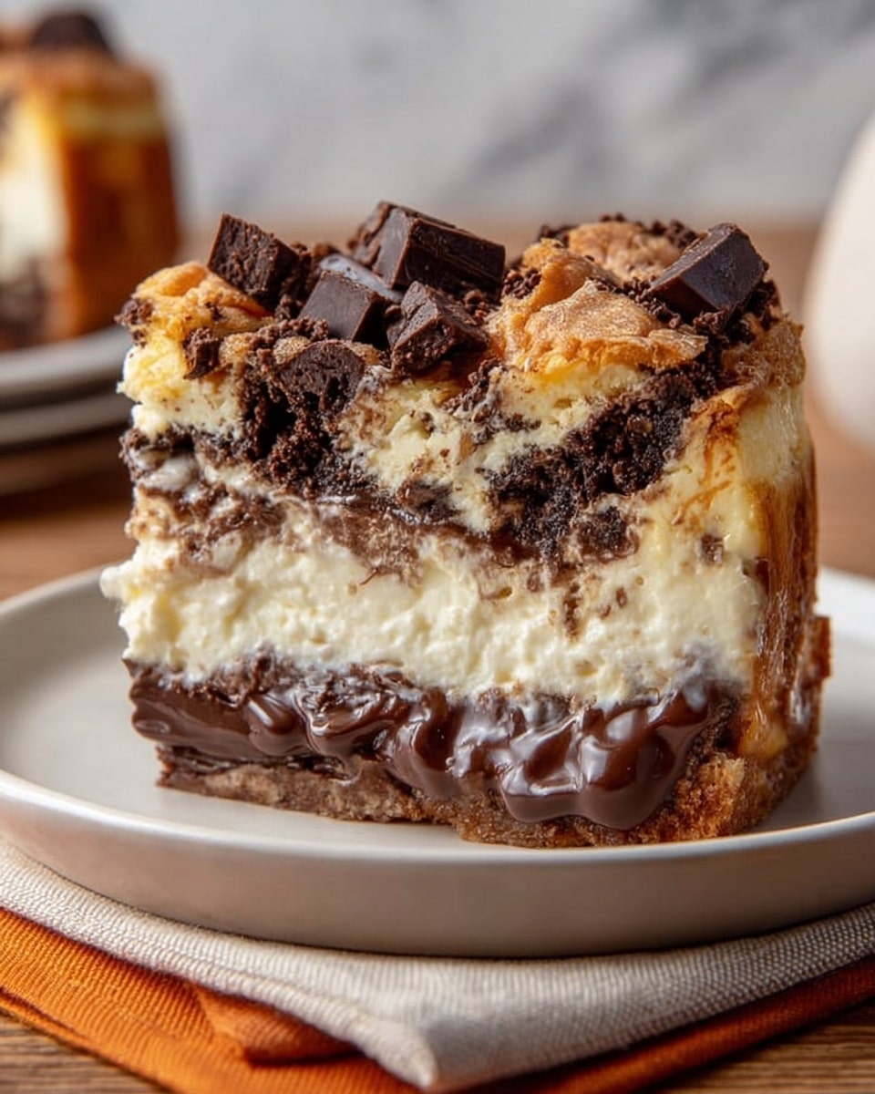 A thick slice of layered dessert sits on a white plate over a beige cloth with an orange napkin underneath, placed on a wooden table with a white marbled background. The dessert has three main layers: the bottom layer is dark melted chocolate with a glossy, smooth texture; the middle layer is creamy white cheesecake filling, soft and rich; the top layer is a golden brown, flaky crust mixed with dark melted chocolate chunks scattered on and inside it, some pieces slightly melted and others solid. The edges of the crust are raised and baked to a golden color with dark spots showing melted chocolate. Photo taken with an iphone --ar 4:5 --v 7