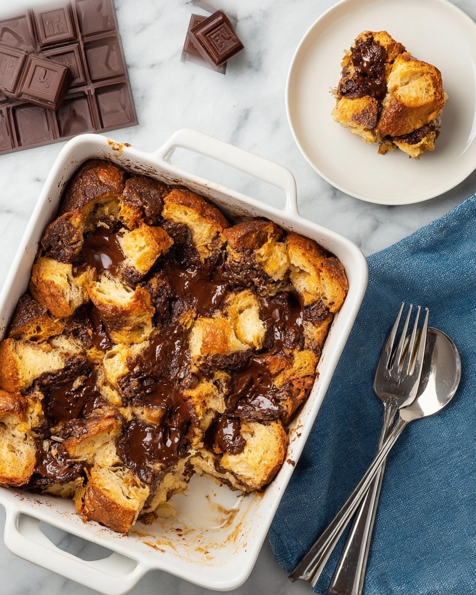 The image shows a white square baking dish containing a bread pudding with gooey, melted dark chocolate spread over the top and mixed within the broken layers of golden brown, crispy bread chunks. The bread pieces form a textured pattern of thick, uneven layers in shades of light brown to golden, with dark shiny chocolate patches scattered across. A portion is cut out from the dish, revealing the soft inside of the bread pudding. Next to it, there is a small white plate holding a single piece of the bread pudding, and beside the baking dish are two silver forks resting on a blue cloth. The setting is on a white marbled surface with two squares of dark chocolate in the background. Photo taken with an iphone --ar 4:5 --v 7