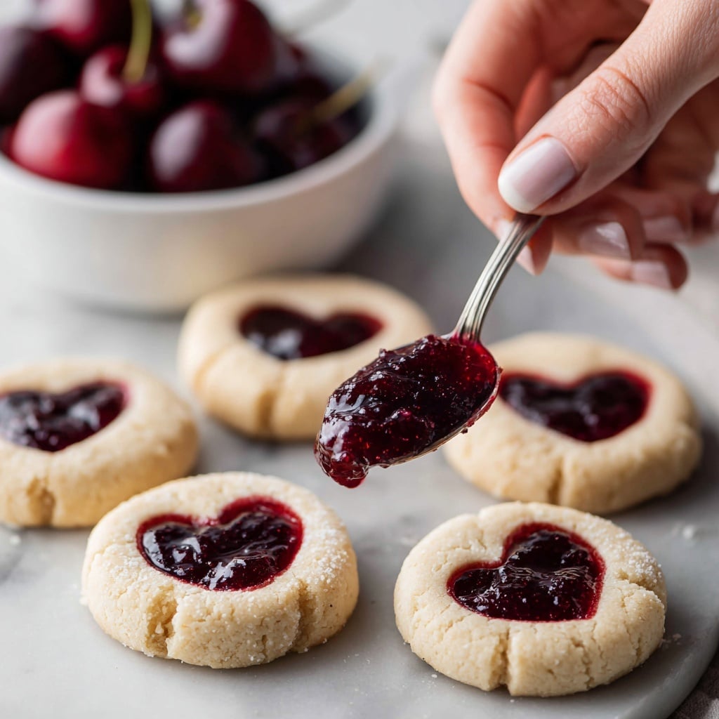 The image shows a batch of round cookies with a light golden-brown color, each having a heart-shaped center filled with dark red cherry jam that looks glossy and slightly chunky. There are about ten cookies, some placed on a white parchment paper over a wire cooling rack, and a few on a white marbled surface. A silver spoon with some jam on it lies near the top right corner, next to whole and halved fresh cherries that have a deep red color and shiny texture. A few drops and smears of the cherry jam are scattered on the white marbled surface around the cookies, adding a natural and fresh look. photo taken with an iphone --ar 4:5 --v 7