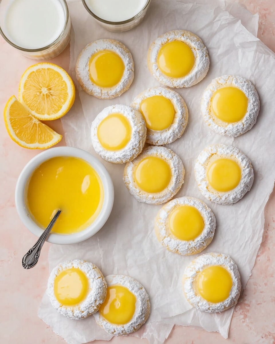The image shows round cookies with a thick, smooth yellow lemon curd layer on top, centered on each cookie. The cookies themselves are light beige with a soft texture and are dusted with white powdered sugar around the lemon curd, forming a white ring at the edges. One cookie in the middle front has a bite taken out, revealing a soft, crumbly interior. There is also a lemon cut in half placed on the right side, showing its juicy transparent segments. The cookies are laid on white parchment paper over a white marbled surface. photo taken with an iphone --ar 4:5 --v 7